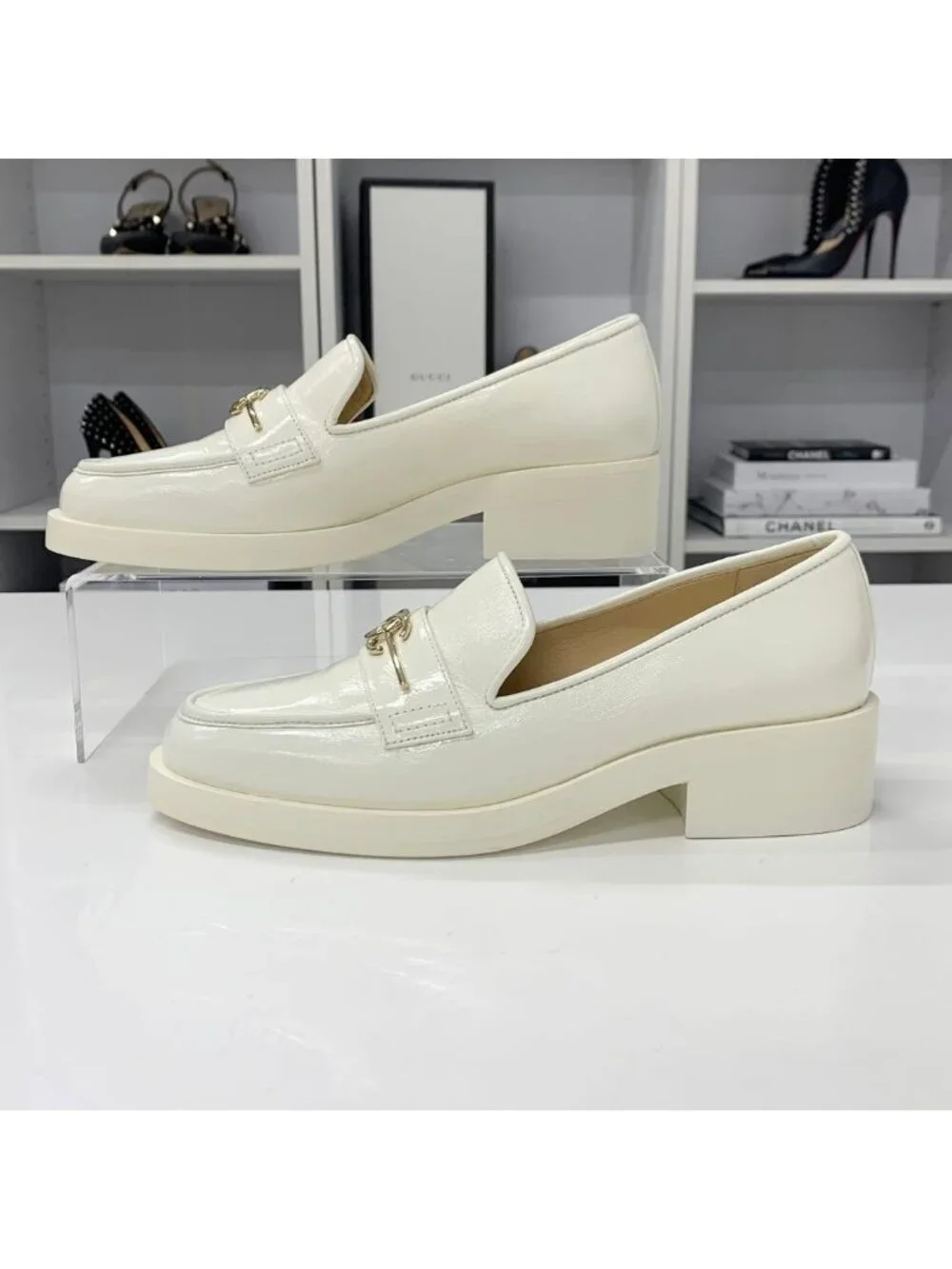 Chanel Coco Mark Leather Loafers White